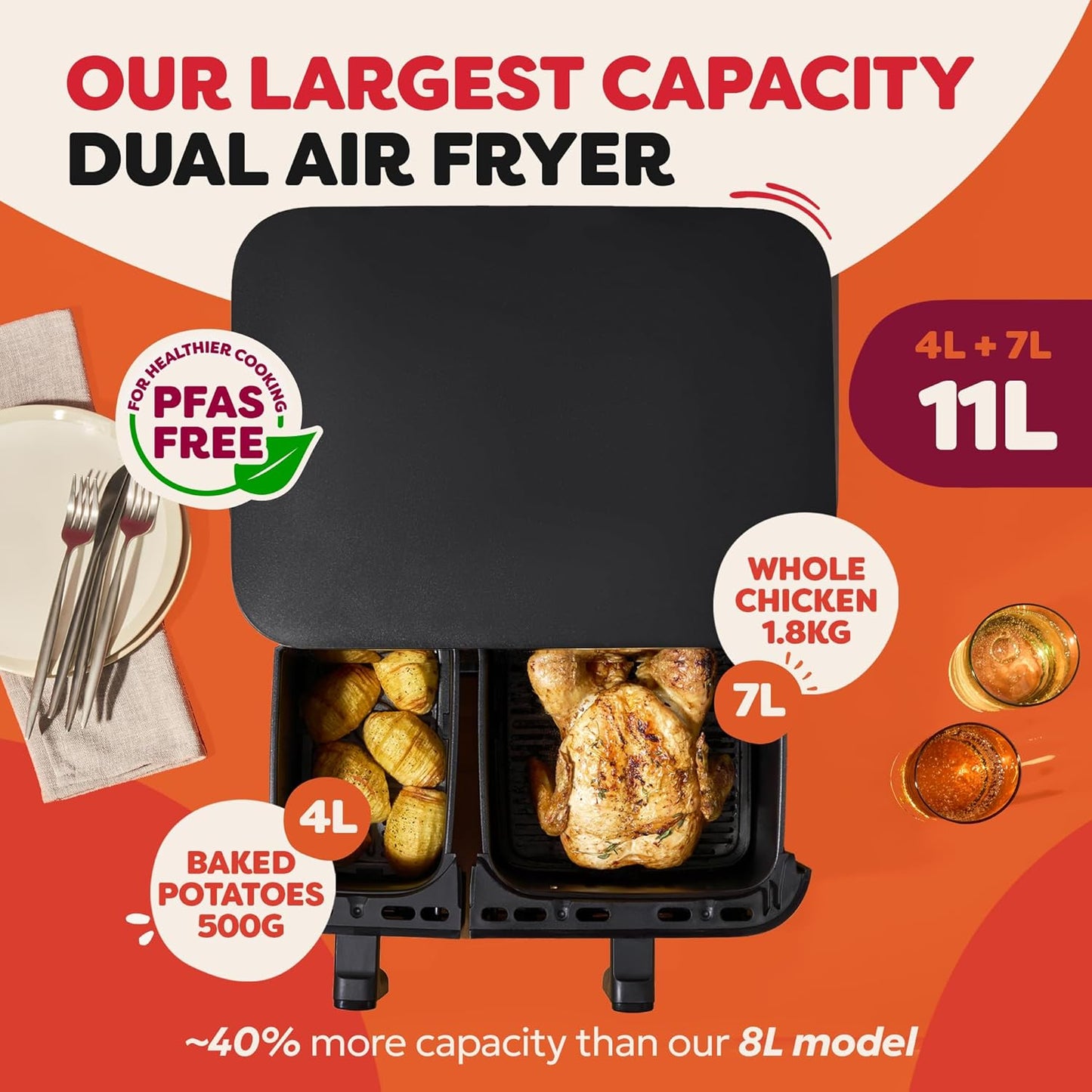 Instant Pot Dual Vortex Air Fryer, PFAS Free, Large 11L