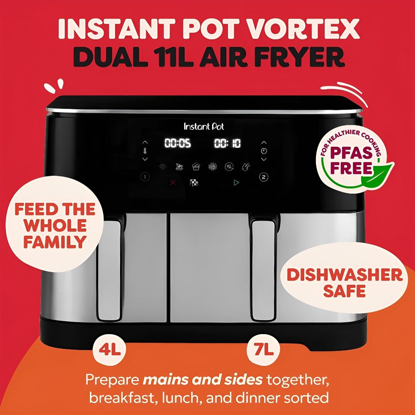 Instant Pot Dual Vortex Air Fryer, PFAS Free, Large 11L